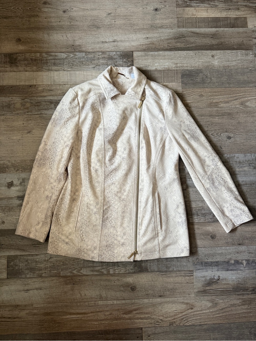 Chico’s Women's Faux Leather Cream Asymmetrical Zip Jacket size L